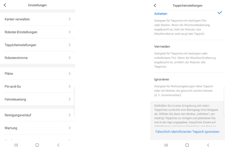Teppicheinstellung wird in der Roborock S7 App ausgewählt